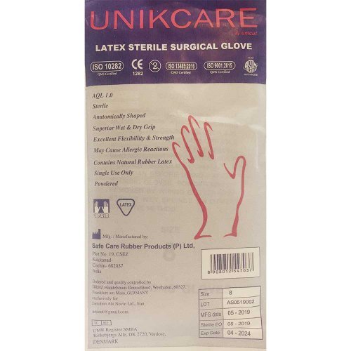 دستکش لاتکس استریل جراحی - برند یونیک کر هند - UNIKCARE - جفت